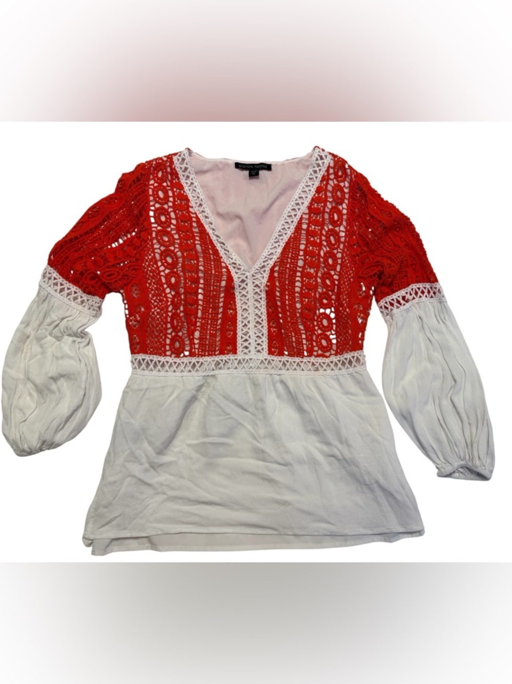 Boston Proper Orange Crochet White Peasant Tunic Medium